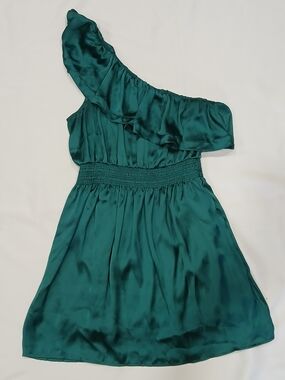 Emerald Green Junior's L Satin One Shoulder Ruffle Mini Dress Smocked Formal